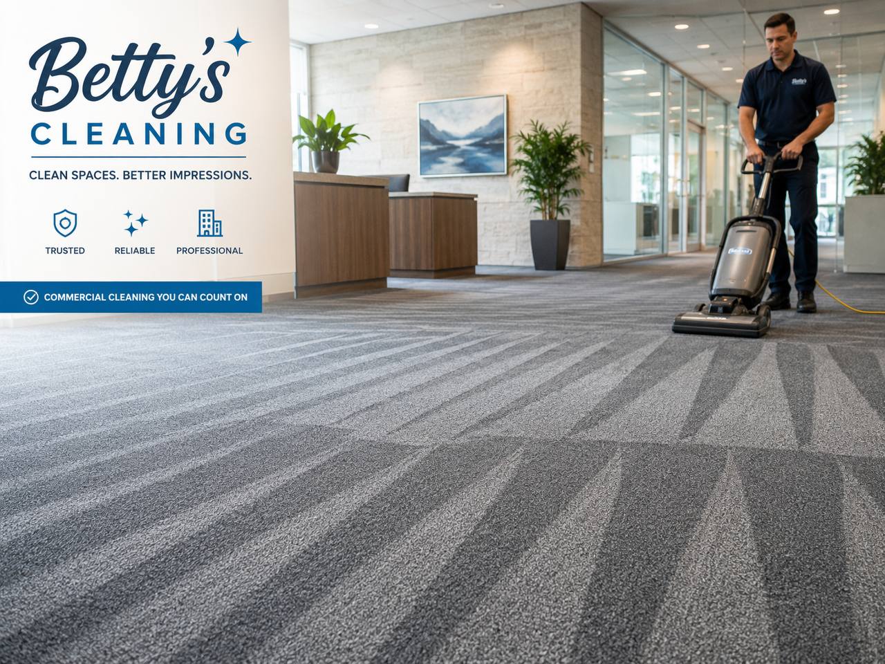 Betty's Cleaning team member vacuuming a commercial lobby carpet