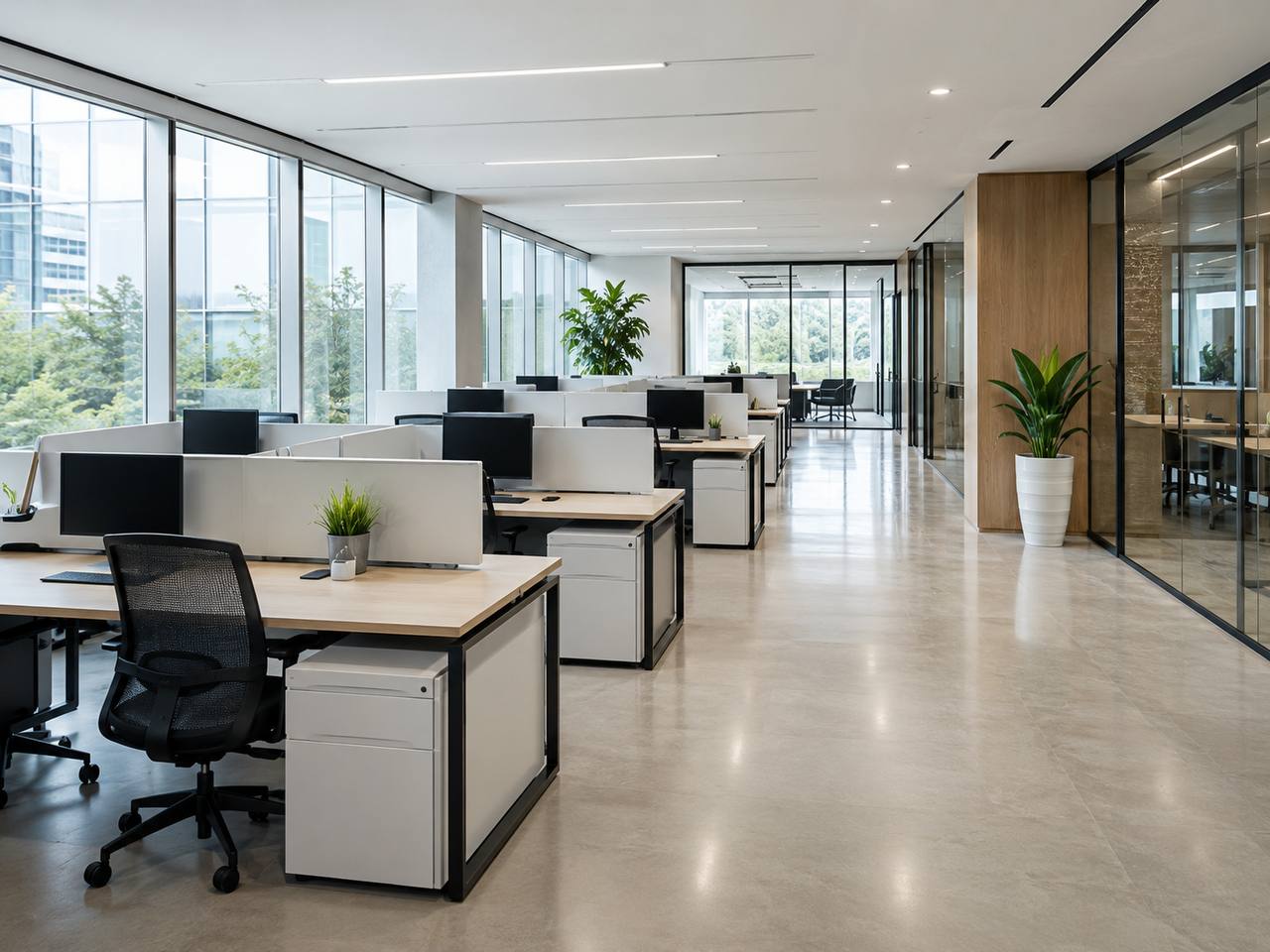 A bright open-plan office with clean floors and tidy desks