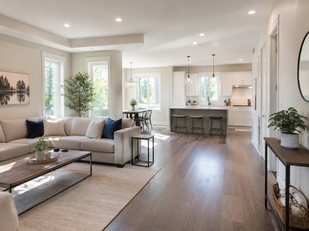 A bright, tidy living room and open kitchen